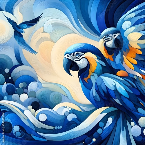 Abstract Painting of  blue macaw parrots photo