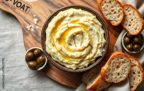 Traditional Skordalia Garlic Dip with Olive Oil and Bread photo