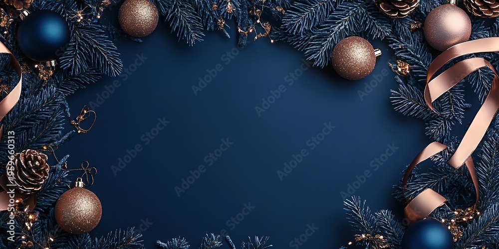 Naklejka premium Elegant Christmas border with blue and gold decorations.