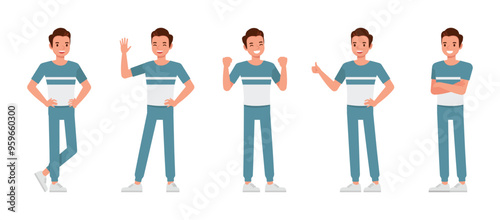 Men wear blue and white t-shirt character vector illustration design set. Men express positive emotions happiness, pride, joy, encouragement.
