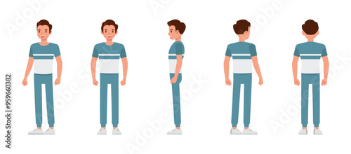 Set of man front, side and back view wear blue and white t-shirt character vector illustration design. Presentation in various action.