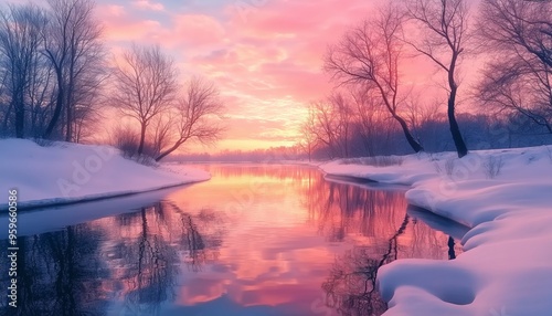 Winter sunset light beauty landscape in river covered snow