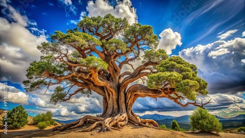A photo image of a majestic tule tree with gnarled branches and twisted trunks, standing tall against a cloudy blue sky.
