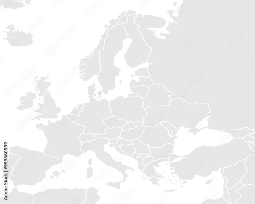 Naklejka premium Map of Europe.for website layouts,background,education, precise,customizable,Travel worldwide,map silhouette backdrop,earth geography, political,reports. Grayscale style ,isolated on white background.