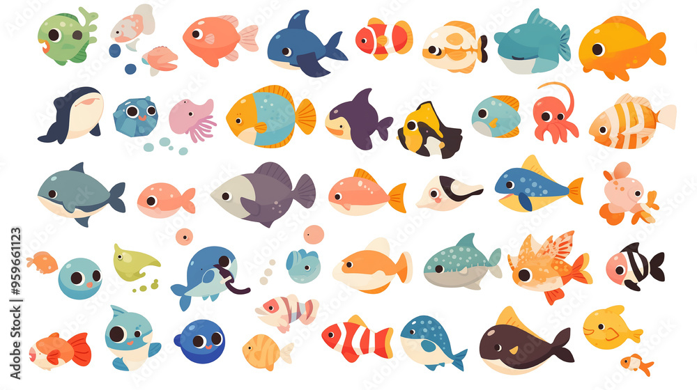 カラフルでかわいい海の生物キャラクターセット｜ポップな魚と海洋生物イラスト｜デザイン素材集