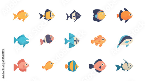 カラフルでかわいい魚キャラクターセット｜ポップな海のデザイン素材｜多用途のイラストアイコン集
