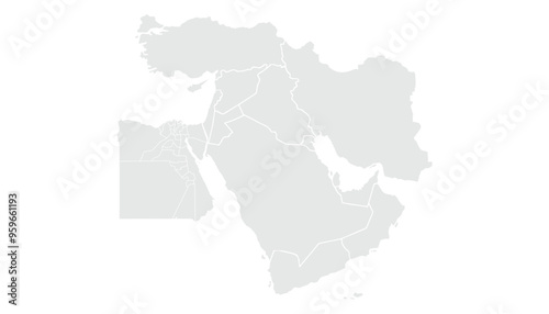 Middle East Map.for website layouts,background,education, precise,customizable,Travel worldwide,map silhouette backdrop,earth geography, political,reports.Grayscale style ,isolated on white background