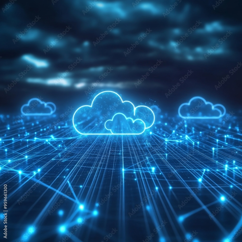 Digital Horizon: Illuminated Cloud Storage Network in Blue Lights Digital Horizon: Illuminated Cloud Storage Network in Blue Lights