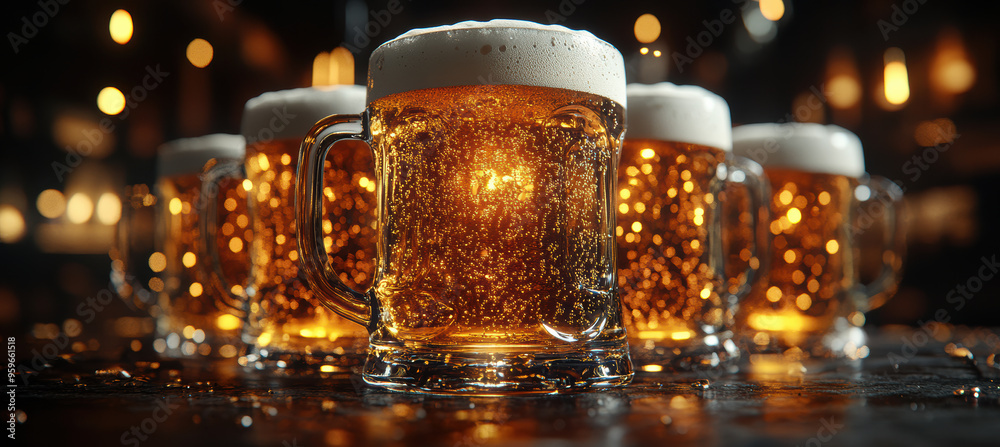 Mugs of Beer with Black and Yellow Lights Mugs of Beer with Black and Yellow Lights