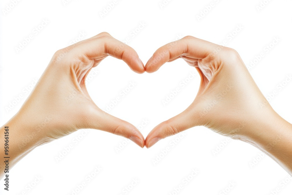Obraz premium Two Hands Forming a Heart Shape Together on a Pure White Background for Love and Romance Themes