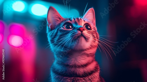 Crisp high-definition image of a cat outlined by striking and vivid neon lighting