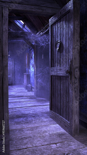 A door is open in a dark hallway with a spider web in the air. The door is wooden and has a creepy look to it. The hallway is empty and the only light source is coming from the door