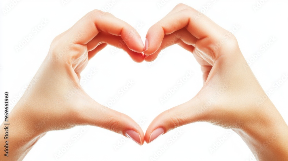 Fototapeta premium Two Hands Forming a Heart Shape Together on a Pure White Background for Love and Romance Themes