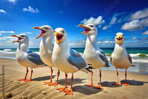 A beachside gathering of cartoon seagulls rupture in joyful laughter, their beaks wide open and feathers ruffled as they revel in the sun's warmth. photo