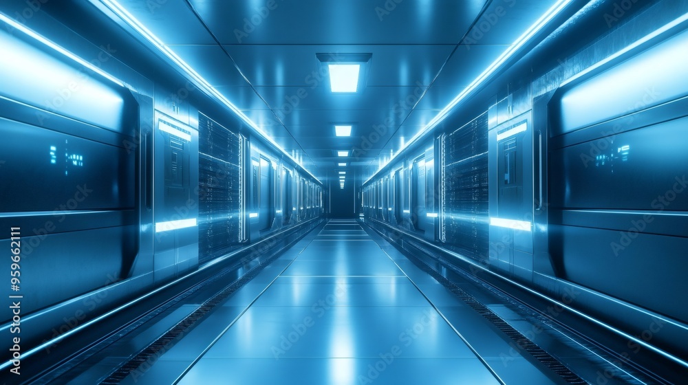 Blue futuristic corridor with bright neon lights. Blue futuristic corridor with bright neon lights.