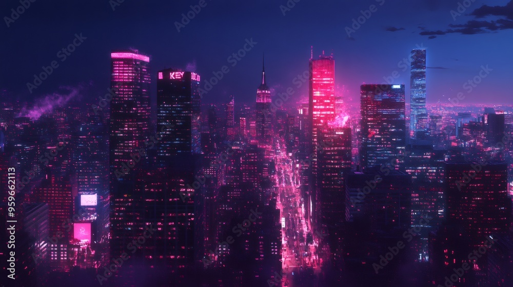 Fototapeta premium An aerial view of a city skyline at night with neon lights illuminating the buildings.