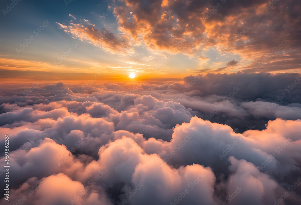 Dramatic aerial view of a colorful sunset above a sea of fluffy clouds, evoking feelings of awe and wonder. Perfect for travel, nature, and inspirational themes. Dramatic aerial view of a colorful sunset above a sea of fluffy clouds, evoking feelings of awe and wonder. Perfect for travel, nature, and inspirational themes.