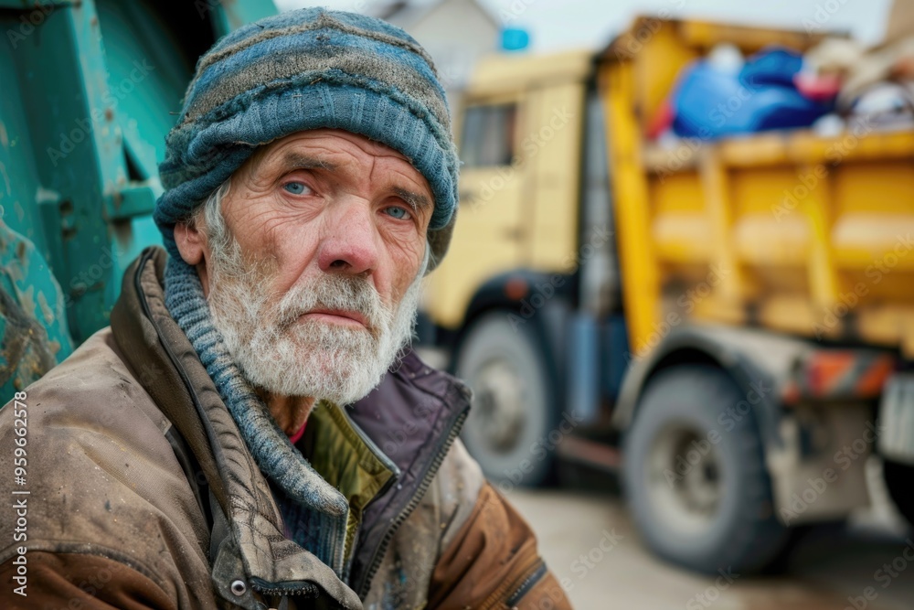 Elderly man with beanie sitting by garbage truck on street AI Elderly man with beanie sitting by garbage truck on street AI
