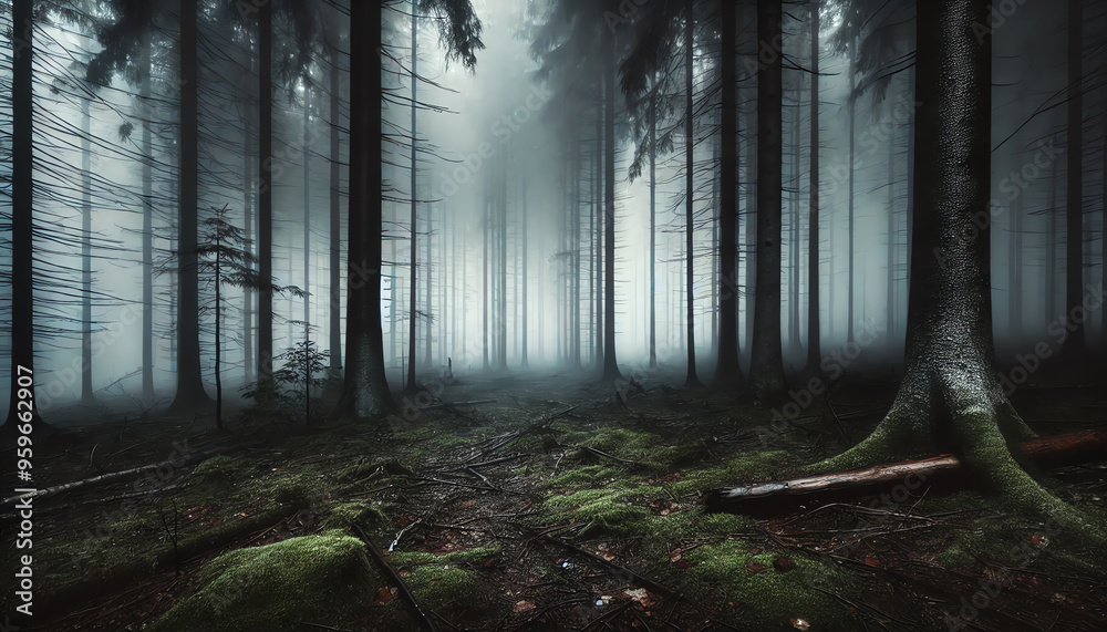 Naklejka premium An eerie and mysterious scene of a foggy forest