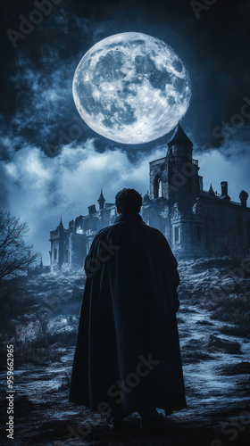 A man stands in front of a castle with a large moon in the background. The scene is dark and mysterious, with the castle appearing to be abandoned and the moon casting an eerie glow