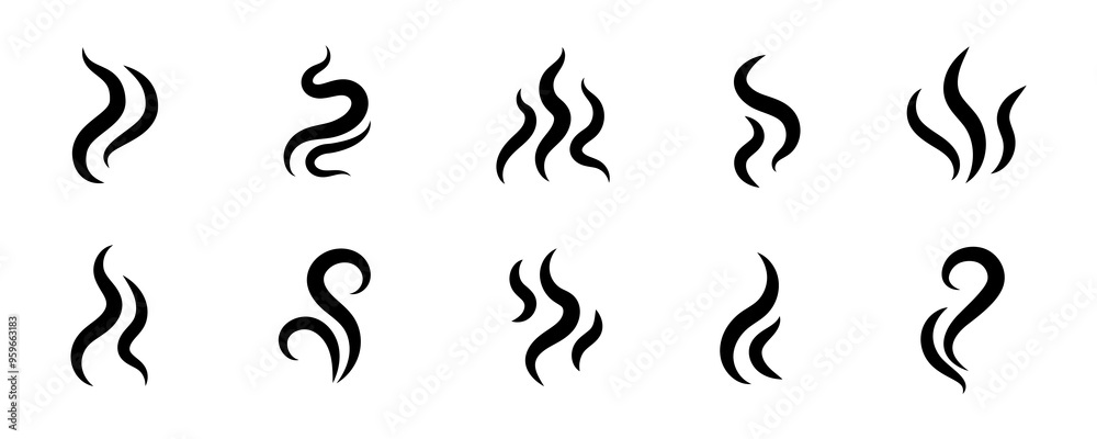 Smoke steam icon vector logo set. Smoke smell, steam aroma heat icon illustration. Hot vapor fire doodle line logo. Hit stink, coffee, fragrance flame elements. Vector illustration. Smoke steam icon vector logo set. Smoke smell, steam aroma heat icon illustration. Hot vapor fire doodle line logo. Hit stink, coffee, fragrance flame elements. Vector illustration.