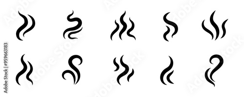 Smoke steam icon vector logo set. Smoke smell, steam aroma heat icon illustration. Hot vapor fire doodle line logo. Hit stink, coffee, fragrance flame elements. Vector illustration.