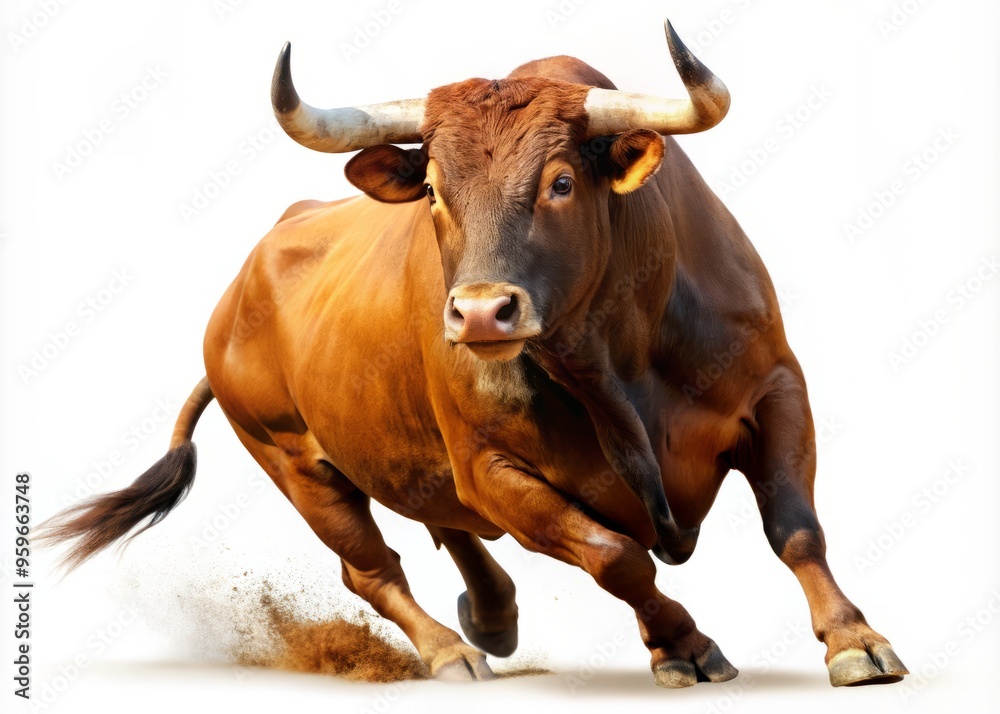 A majestic brown bucking bull dominates the canvas with striking black accents against a pristine white background, radiating raw energy and power. A majestic brown bucking bull dominates the canvas with striking black accents against a pristine white background, radiating raw energy and power.