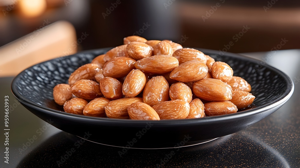 Fototapeta premium Almonds Enrobed in Caramel Presented on a Sleek Black Dish for a Decadent Gourmet Treat