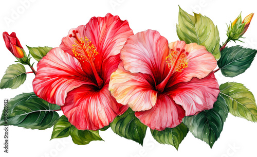 Vibrant watercolor painting of hibiscus flower on transparent background