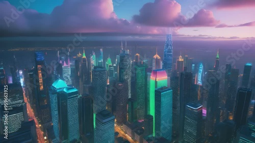 Futuristic Cityscape at Night with Neon Lights and Skyscrapers