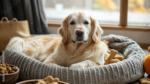 A Cozy RetreatA Golden Retriever Relaxing on a Plush Bed Surrounded by Gourmet Treats and Soft Light