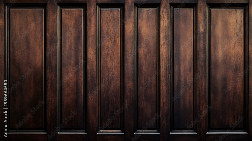 Close-up of a dark brown wooden wall with vertical paneling. Close-up of a dark brown wooden wall with vertical paneling.