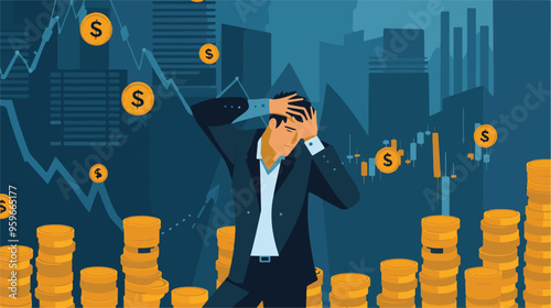Failed stressed businessman lost money from stock trading in flat design. Negative profit investment concept. Bankruptcy.
