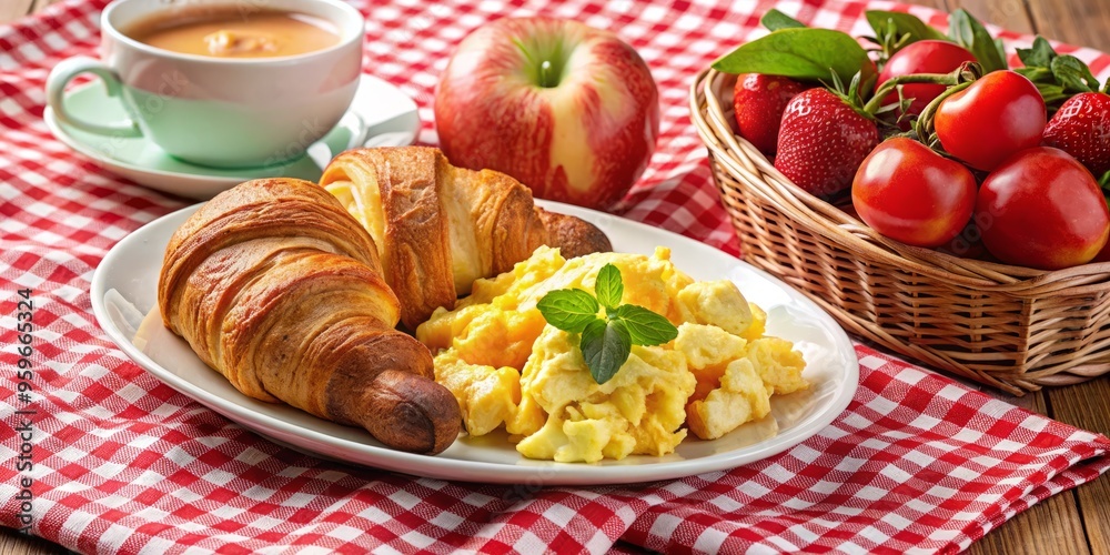 A photo image of a warm breakfast plate featuring croissants, fruit, and scrambled eggs, set against a rustic red and white checkered tablecloth. A photo image of a warm breakfast plate featuring croissants, fruit, and scrambled eggs, set against a rustic red and white checkered tablecloth.