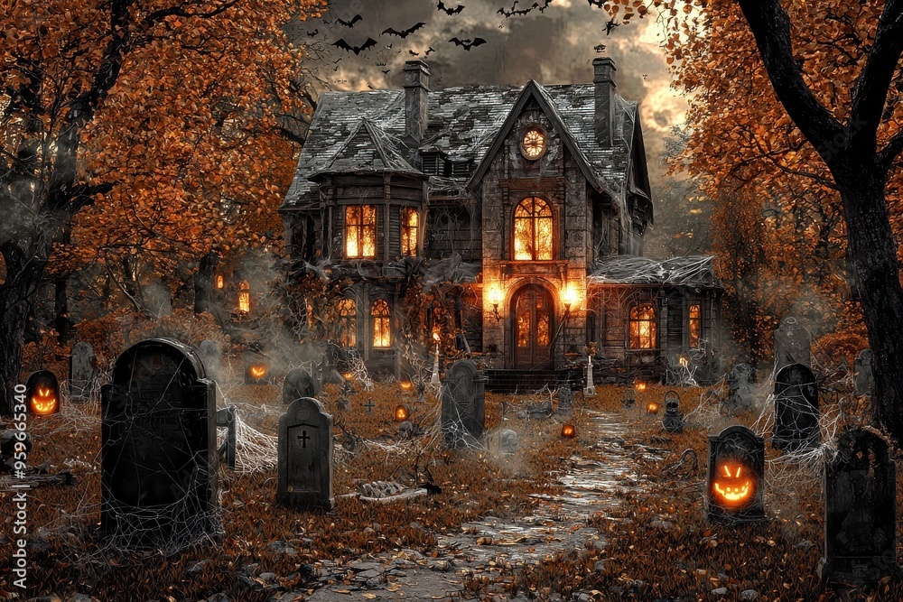 Haunted house in spooky Halloween night landscape with glowing jack o' lanterns and bats Haunted house in spooky Halloween night landscape with glowing jack o' lanterns and bats