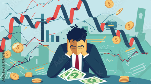 Failed stressed businessman lost money from stock trading in flat design. Negative profit investment concept. Bankruptcy.