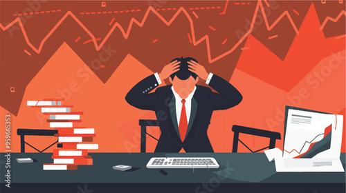 Failed stressed businessman lost money from stock trading in flat design. Negative profit investment concept. Bankruptcy.