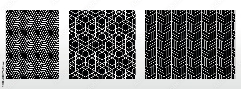 Geometric set of seamless black and white patterns. Simple vector graphics. Geometric set of seamless black and white patterns. Simple vector graphics.