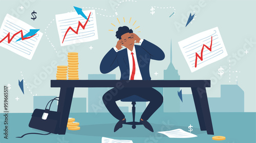 Failed stressed businessman lost money from stock trading in flat design. Negative profit investment concept. Bankruptcy.