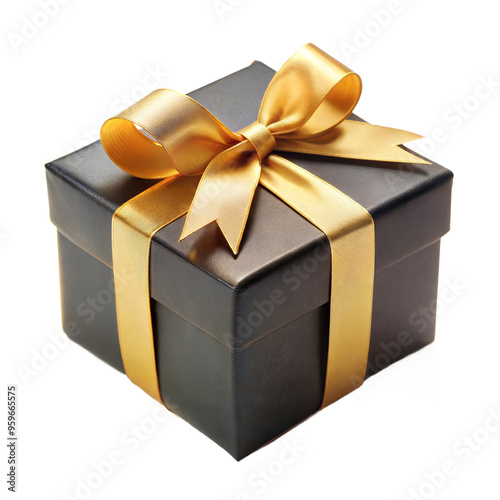 Black Gift Box with Golden Ribbon cut out. isolated on transparent background. Copy space.