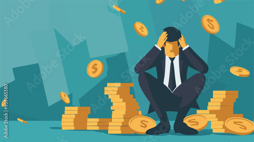 Failed stressed businessman lost money from stock trading in flat design. Negative profit investment concept. Bankruptcy.