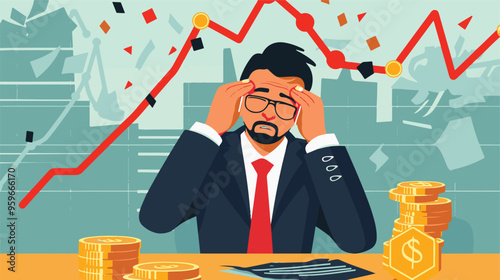 Failed stressed businessman lost money from stock trading in flat design. Negative profit investment concept. Bankruptcy.