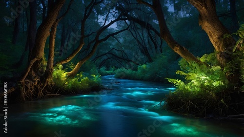 Illuminated river realms. Glowing rivers winding through lush forests, bioluminescent plants lighting the way, enchanting landscape. Realistic style. photo