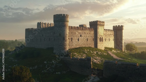 Majestic Medieval Castle on a Hilltop at Sunset with Dramatic Sky