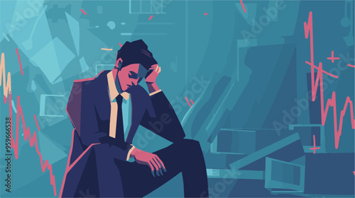 Failed stressed businessman lost money from stock trading in flat design. Negative profit investment concept. Bankruptcy.
