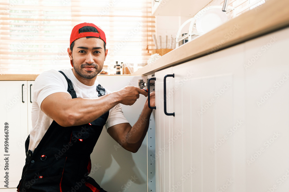 Asian professional plumber man work in a uniform fixing a broken water pipe problem under the sink in the client kitchen house. Indoor sink leaky repairing service. Home improvement concept. Asian professional plumber man work in a uniform fixing a broken water pipe problem under the sink in the client kitchen house. Indoor sink leaky repairing service. Home improvement concept.