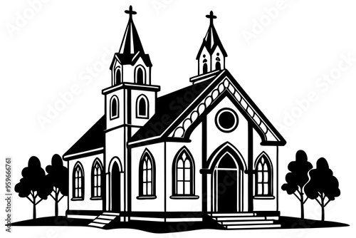Township with church, black silhouette on white background, vector illustration 