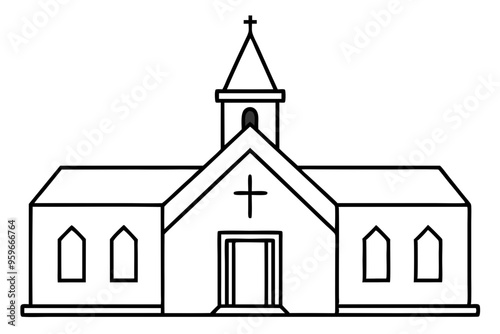 Township with church, black silhouette on white background, vector illustration 