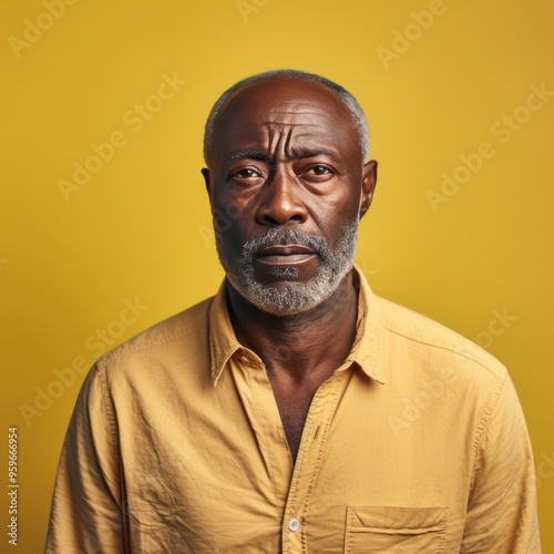 Yellow background sad black American independent powerful man. Portrait of older mid-aged person beautiful bad mood expression isolated on background