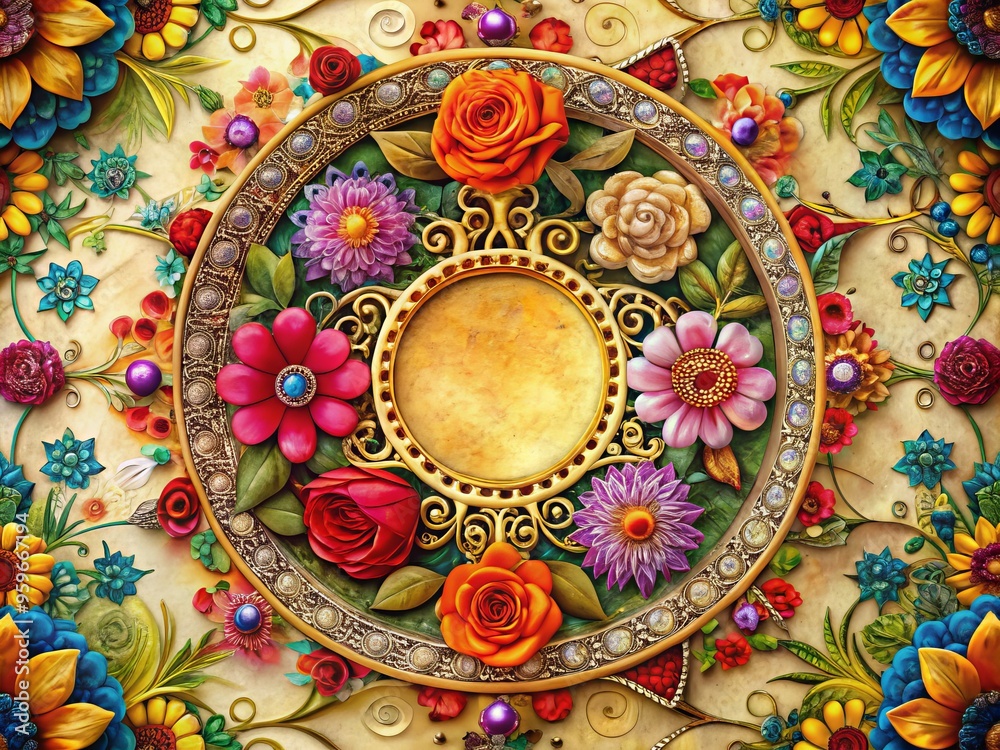 Photo image of a delicate, hand-drawn circular frame adorned with intricate floral patterns and ornate details surrounding a vibrant, colorful flower in the center Photo image of a delicate, hand-drawn circular frame adorned with intricate floral patterns and ornate details surrounding a vibrant, colorful flower in the center